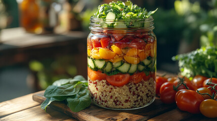 Side view of a layered mason jar salad with quinoa, cherry tomatoes, cucumbers, and spinach, placed on a picnic table