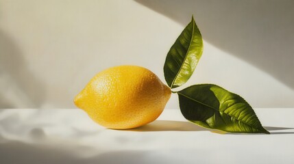Sunlit Lemon with Lush Green Leaves on White Surface