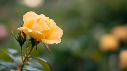 A single, pale yellow rose in bloom, with a bud beside it, stands out against a softly blurred green garden background. : Generative AI