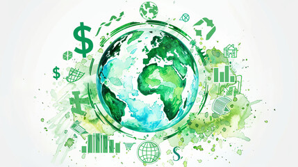 A vibrant illustration of the Earth surrounded by symbols representing sustainability, finance, and growth.