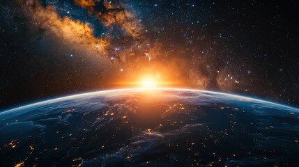 Sunrise over Earth from Space Showing Milky Way Galaxy