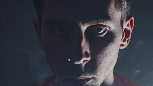 Dark studio setting revealing young male dramatically exhaling smoke, casting shadowy atmosphere with intense emotional undertone and moody expression