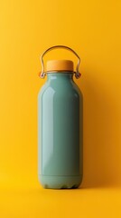 Teal Metal Water Bottle with Cork Top on Yellow Background
