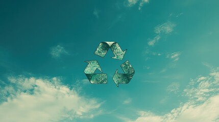 Teal Recycle Symbol Against Blue Sky and Clouds