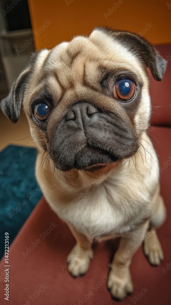 Poster adorable fawn pug puppy sits on a burgundy couch, looking directly at the camera with big, expressiv