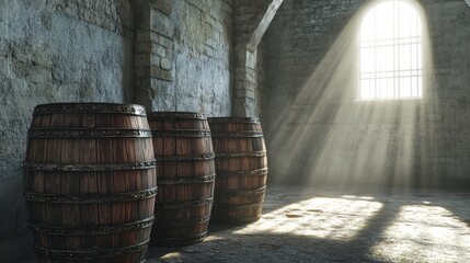 Three Aged Wooden Barrels in a Dark Stone Cellar Illuminated by Sunlight Streaming Through a High Window