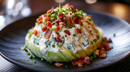 Close-up of a wedge salad with blue cheese dressing, bacon bits, and chives on a modern black plate