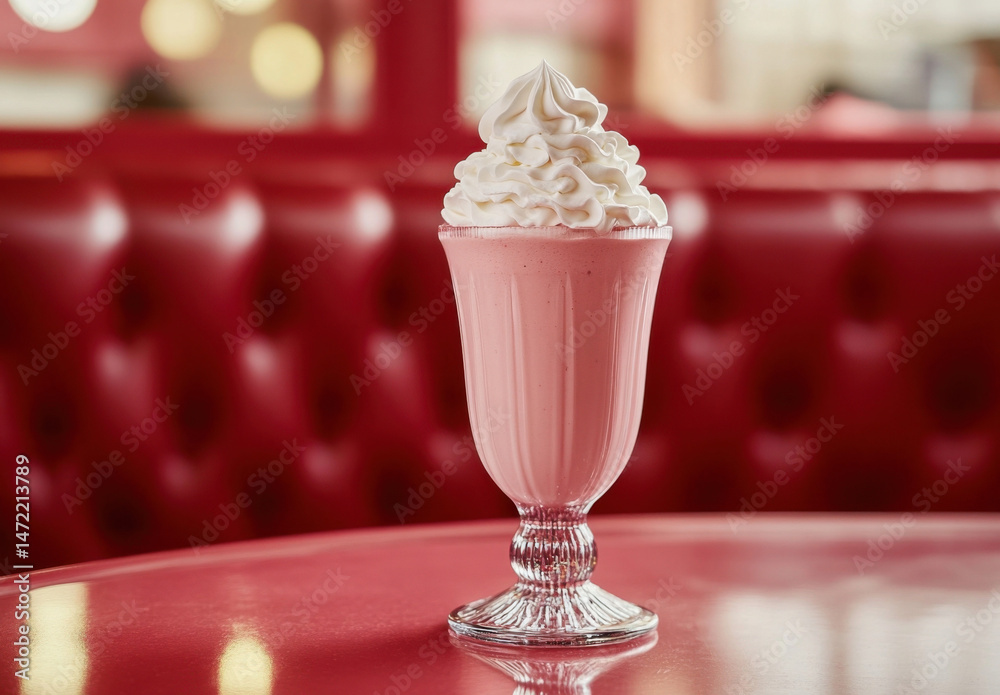Poster a delicious strawberry milkshake with whipped cream sits on a red table in a retro diner setting, pe
