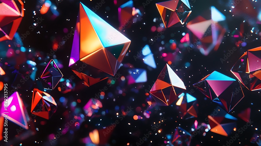 Poster abstract floating polygons with refracted light and glittering bokeh effects