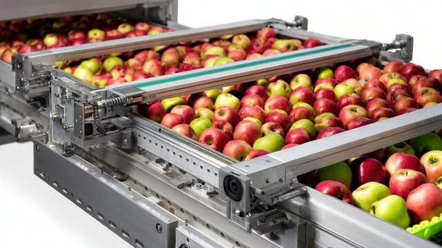 Autonomous fruit sorting conveyor equipped with machine-vision cameras showcasing apples in a food processing facility
