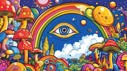 Vibrant psychedelic mushroom fantasy illustration