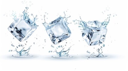 Three Ice Cubes with Water Splashes on White Background