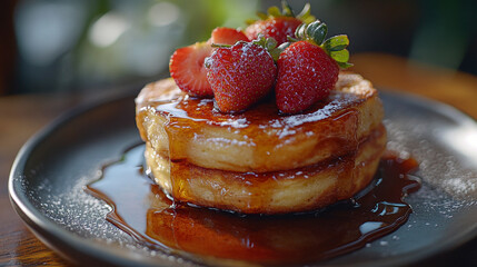 Close profile of a stacked brioche French toast with syrup and strawberries, rich breakfast vibe