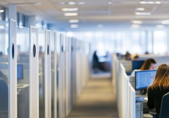 Modern office interior with rows of individual work cubicles, showcasing a contemporary workspace design and blurred employees working at computers. : Generative AI