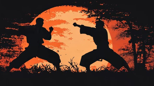 Dynamic Karate and Judo Silhouette of Asian Man and Woman Jumping at Sunset