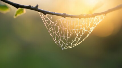 A delicate spiderweb, glistening with morning dew, hangs suspended from a slender tree branch, bathed in the warm golden light of sunrise. : Generative AI