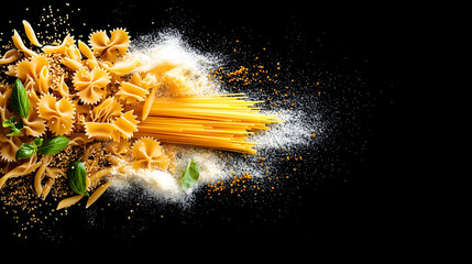 Diverse pasta assortment with various types of pasta, flour, and herbs, exploding in a black background