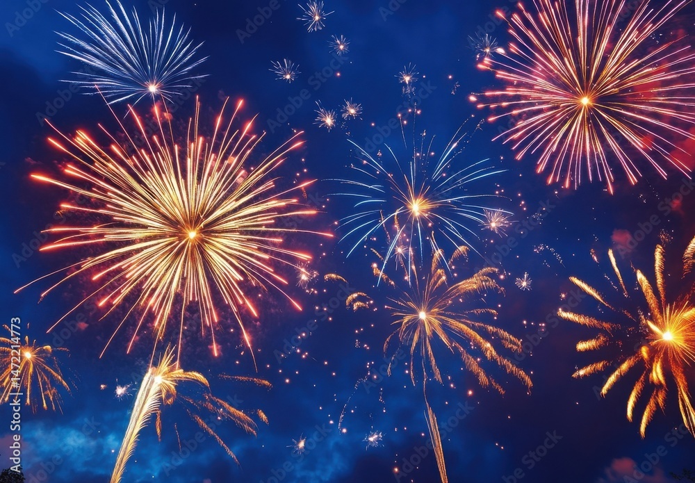 Poster vibrant fireworks display explodes across a twilight sky, illuminating the night with bursts of red,