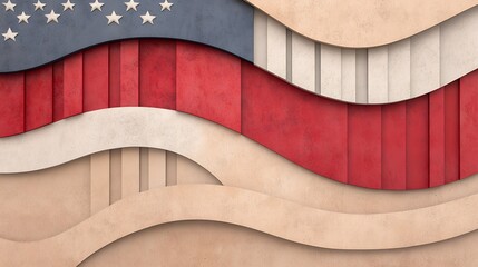 Abstract Wavy American Flag Design in Red Beige and White