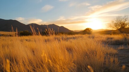 Obraz premium Golden hour sunlight illuminates tall grass in a desert landscape, with mountains in the background at sunset. : Generative AI