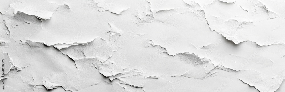 Poster abstract white textured wall with peeling paint, showing uneven surface and cracked plaster. ideal f