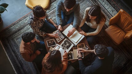 Group of friends looking through photo albums and sharing memories
