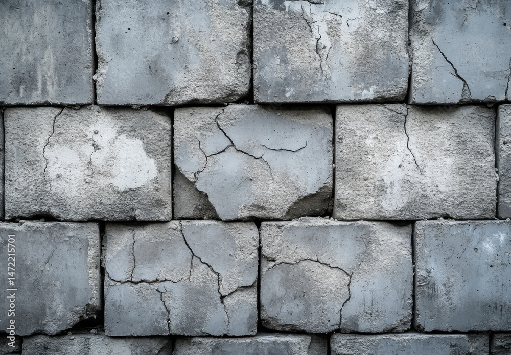 Aufkleber A weathered, gray concrete block wall shows signs of age and cracking, offering a textured background ideal for design projects. : Generative AI