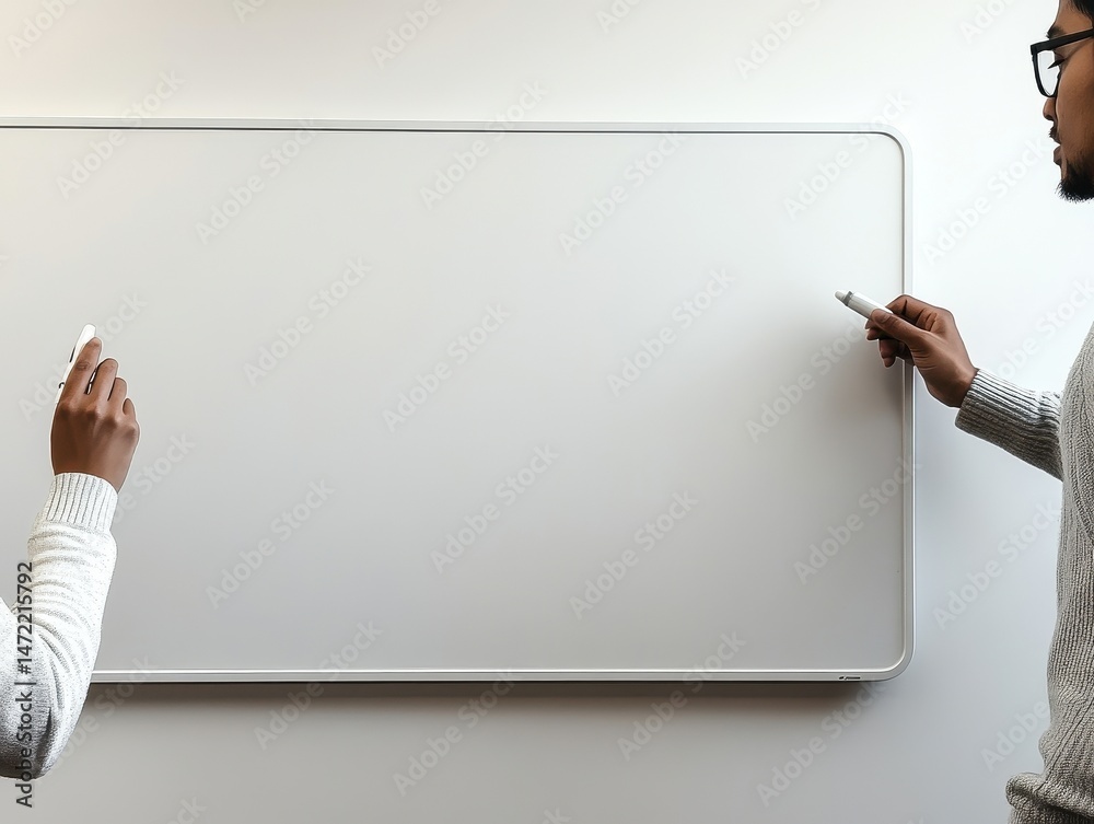 Poster two colleagues collaborating on a whiteboard during a brainstorming session, planning a project toge