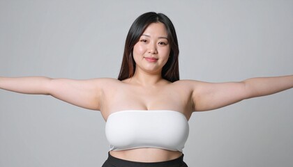 腕を広げて肉付の良い二の腕を見せるぽっちゃりな体形の日本人女性。AIで生成