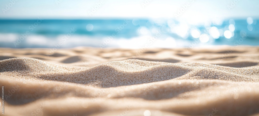 Aufkleber close-up view of sunlit beach sand with a blurred ocean background, showcasing the texture and grain