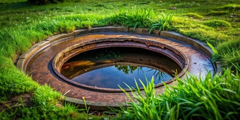 Rusty Metal Ring Encircles a Still Pool of Reflecting Water in a Lush Green Lawn