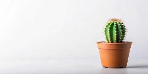 A single succulent cactus plant in a terracotta pot on a white background