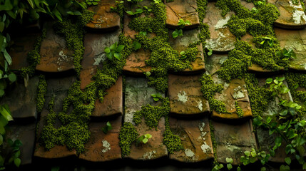 Green Moss Covering Wet Brown Roof Tiles
