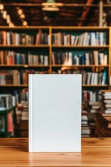 Blank white book cover mockup on wooden table with blurred library background. Perfect for showcasing your book design or publishing project. : Generative AI