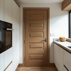 Fototapeta premium Harmonious Country Kitchen: Detail the Interior Doors with Dark Brown Wood, Horizontal Oak Lines, Glass Inlay, and White Walls Under Natural Lighting. 