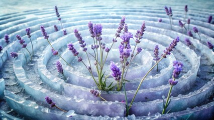 Lavender blossoms bravely emerge from a frozen, circular ice labyrinth, a testament to resilience and the enduring beauty of nature.
