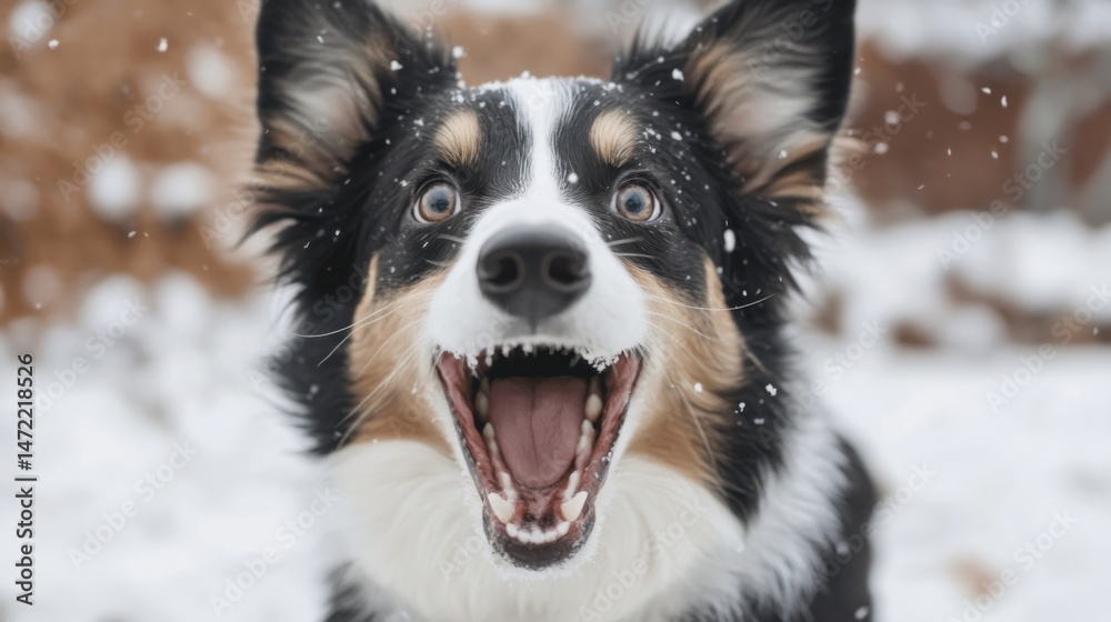 Aufkleber a happy border collie dog with snowflakes on its fur, mouth open in a joyful expression, outdoors in