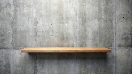 Empty wooden shelf against a textured concrete wall background perfect for product display or design mockups