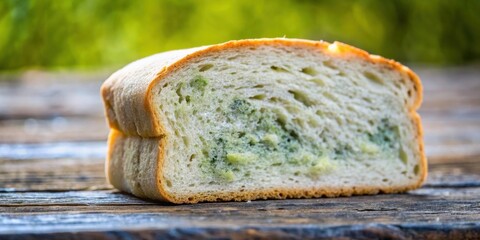 A slice of bread with visible mold growth resting on a weathered wooden surface.