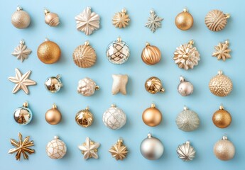 Obraz premium Elegant Christmas Ornament Flatlay: Gold, Silver, and White Baubles Arranged on a Light Blue Background : Generative AI