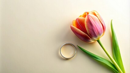 A single orange and pink tulip blossom rests next to a simple silver band on a pale background