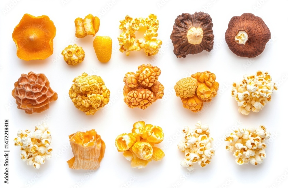 Poster A vibrant collection of popcorn and mushroom varieties, showcasing diverse textures and colors against a stark white background.  The image offers a unique visual contrast and is ideal : Generative AI