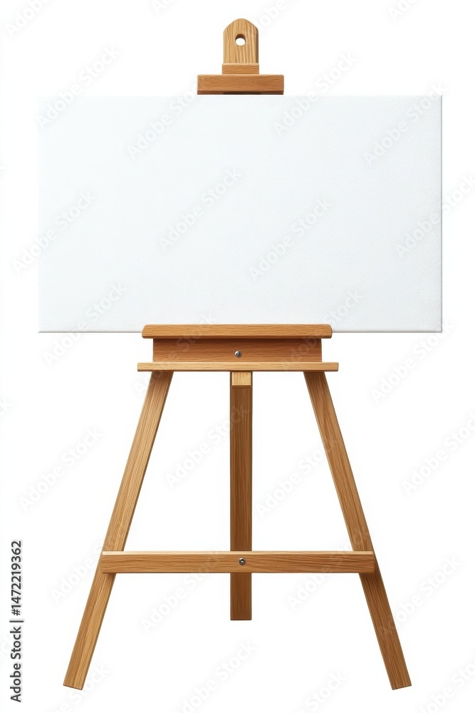 Poster blank canvas on a light wooden easel, isolated on white background, ready for painting or artwork di
