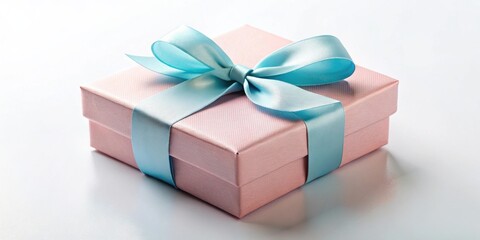 A delicately wrapped present, a blush pink box adorned with a light blue ribbon, perfect for a special occasion.