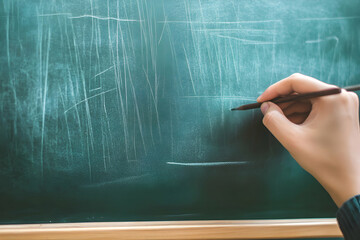 Hand Writing on a Green Chalkboard in a Classroom Setting