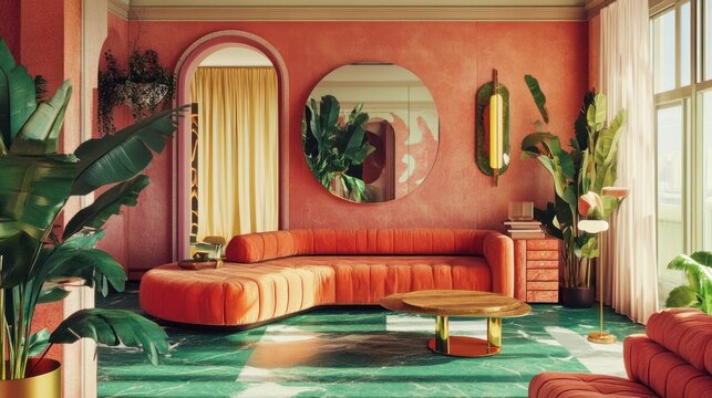 Modern living room with a curved orange sofa, large mirror, and vibrant plants, showcasing a stylish interior