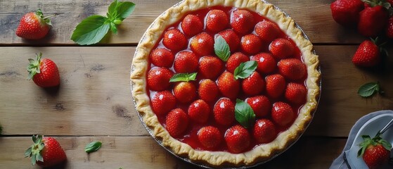 Freshly baked strawberry pie on rustic wood.
