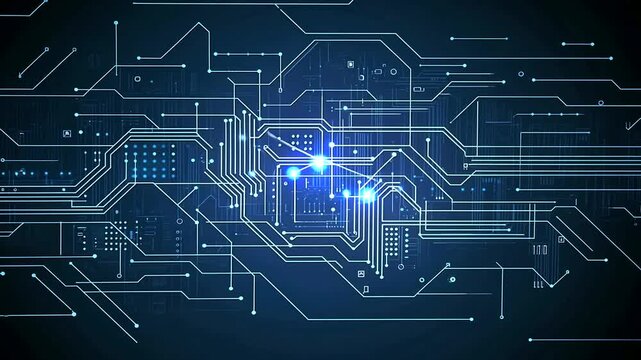 Glowing blue circuit board schematic on dark background, illustrating complex data pathways and technological connections