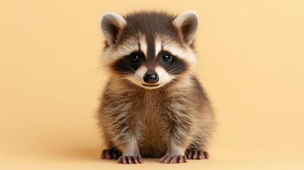 Obraz premium Cute baby raccoon full body portrait on light yellow background for wildlife education and animal protection.