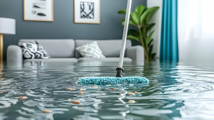 Flooded living room with cleaning supplies